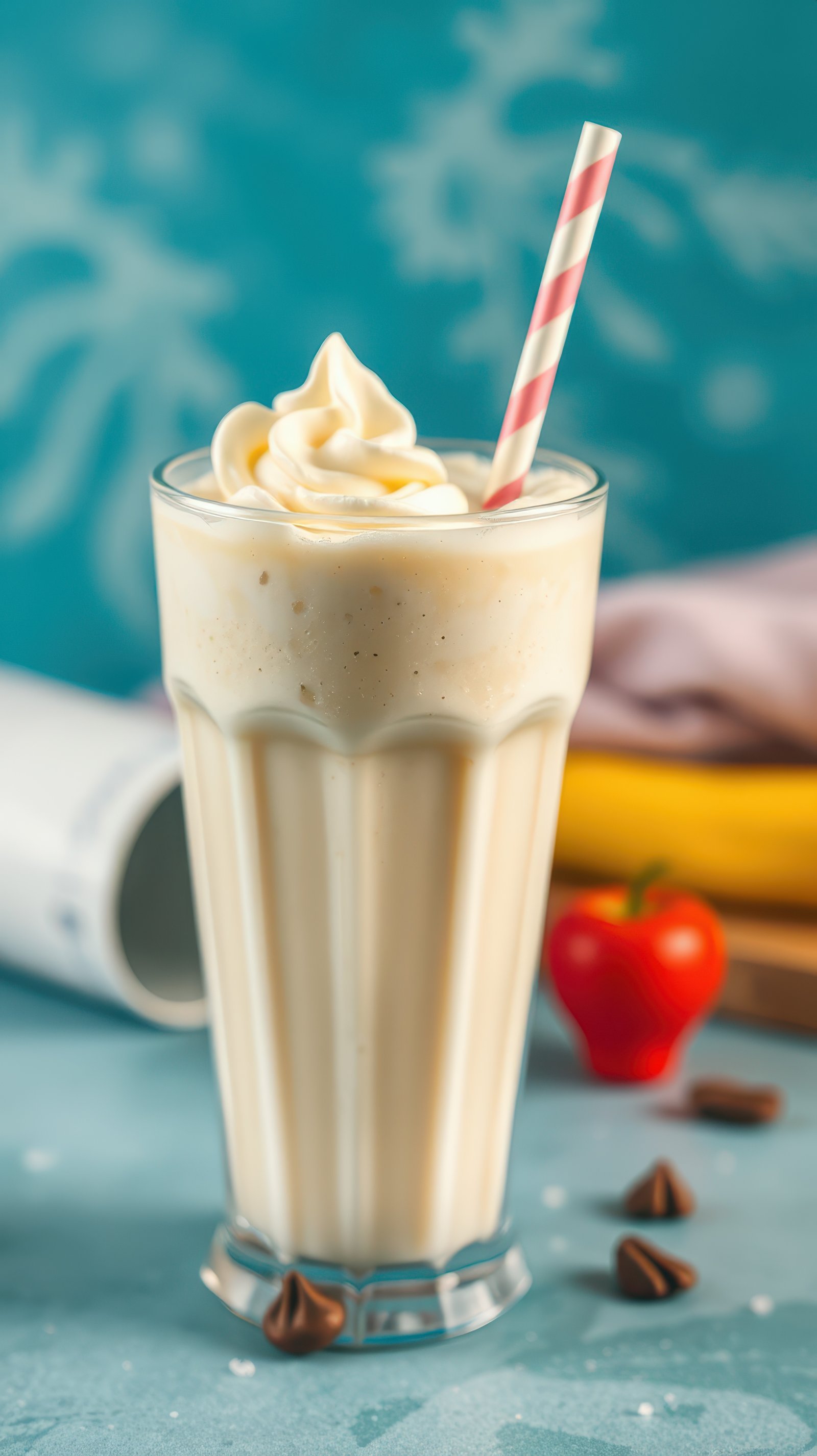 Creamy banana milkshake topped with whipped cream, served with a cherry and chocolate chips